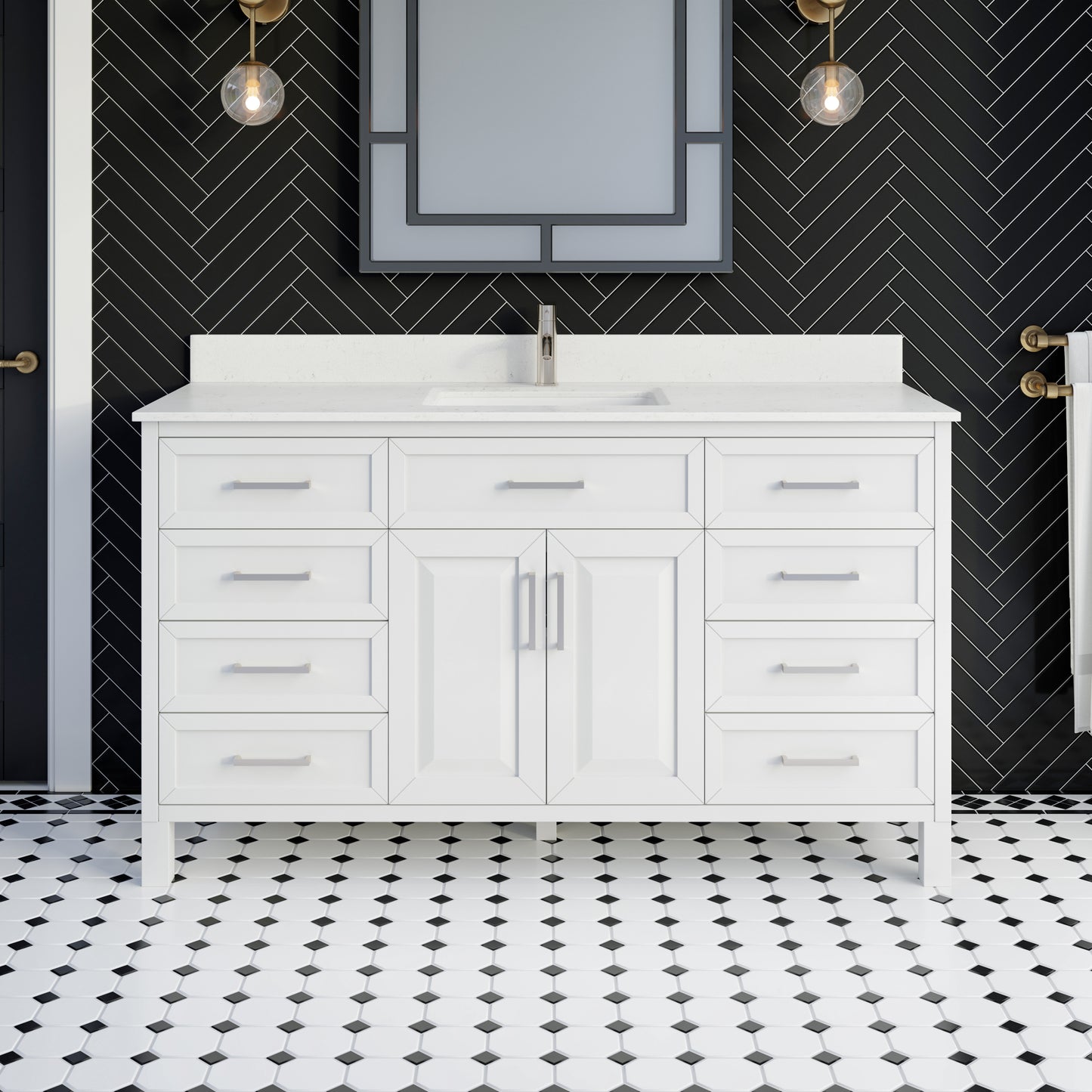 Terrence II Single Sink Bathroom Vanity With Stealth Organizer, Solid Wood Bathroom Cabinet with Engineered Stone Countertop & Backspalsh, Soft Closing Door & Drawer, Pre-Assembled