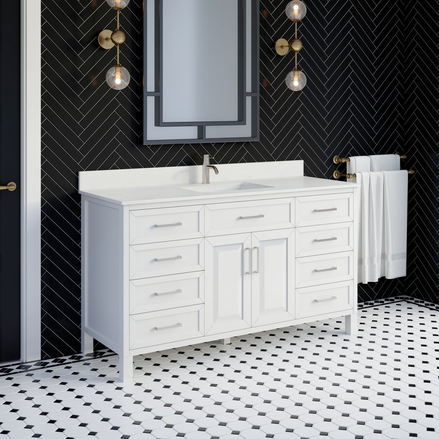 Terrence II Single Sink Bathroom Vanity With Stealth Organizer, Solid Wood Bathroom Cabinet with Engineered Stone Countertop & Backspalsh, Soft Closing Door & Drawer, Pre-Assembled