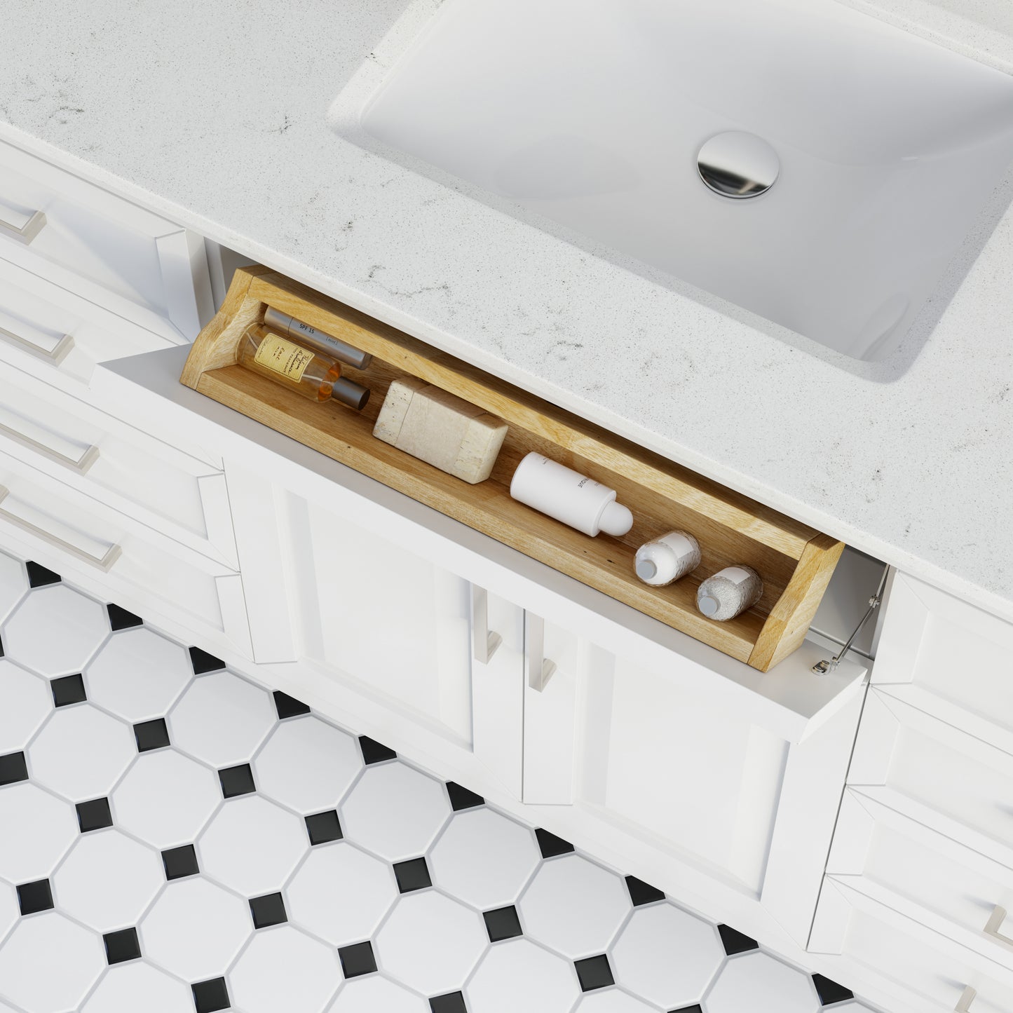 Terrence II Single Sink Bathroom Vanity With Stealth Organizer, Solid Wood Bathroom Cabinet with Engineered Stone Countertop & Backspalsh, Soft Closing Door & Drawer, Pre-Assembled