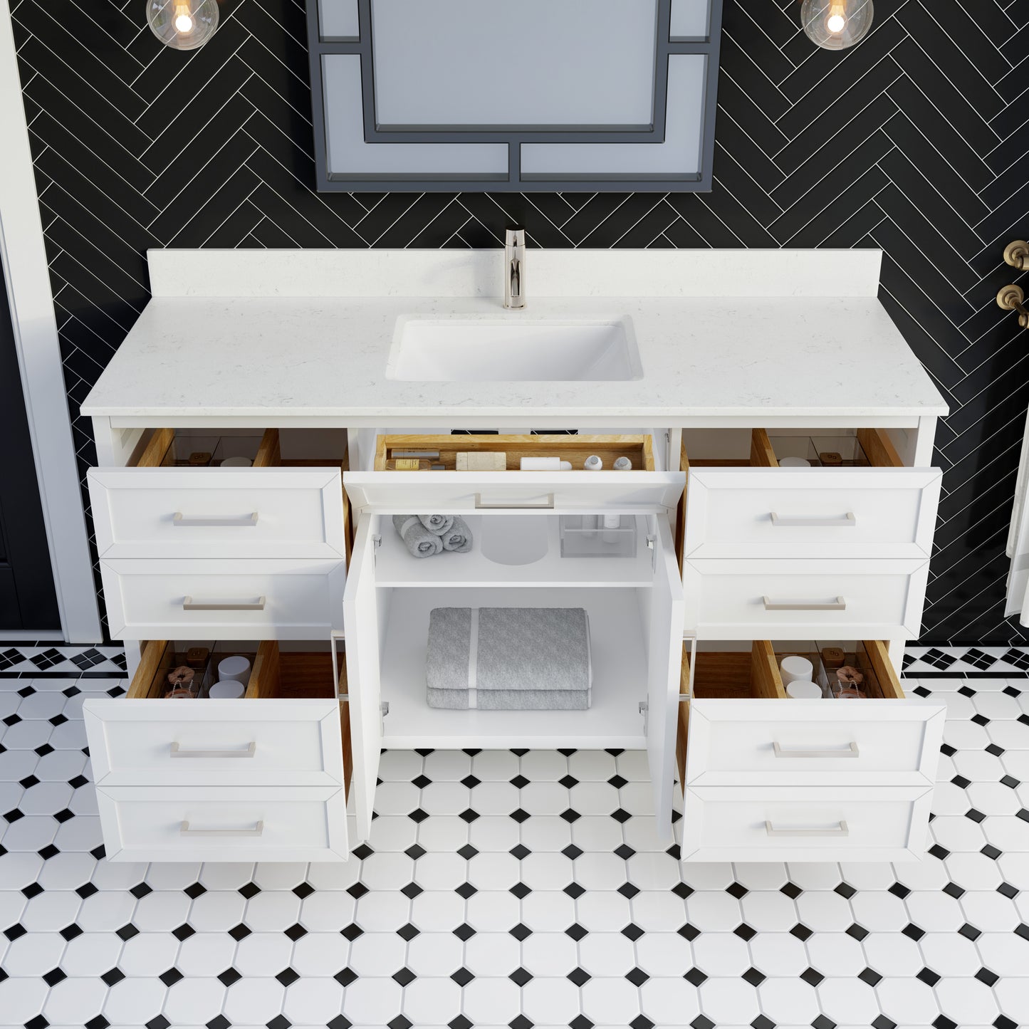 Terrence II Single Sink Bathroom Vanity With Stealth Organizer, Solid Wood Bathroom Cabinet with Engineered Stone Countertop & Backspalsh, Soft Closing Door & Drawer, Pre-Assembled