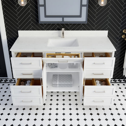 Terrence II Single Sink Bathroom Vanity With Stealth Organizer, Solid Wood Bathroom Cabinet with Engineered Stone Countertop & Backspalsh, Soft Closing Door & Drawer, Pre-Assembled