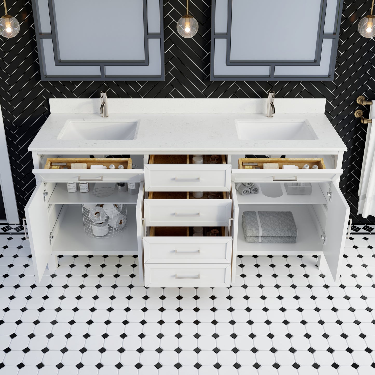 Terrence II Single Sink Bathroom Vanity With Stealth Organizer, Solid Wood Bathroom Cabinet with Engineered Stone Countertop & Backspalsh, Soft Closing Door & Drawer, Pre-Assembled