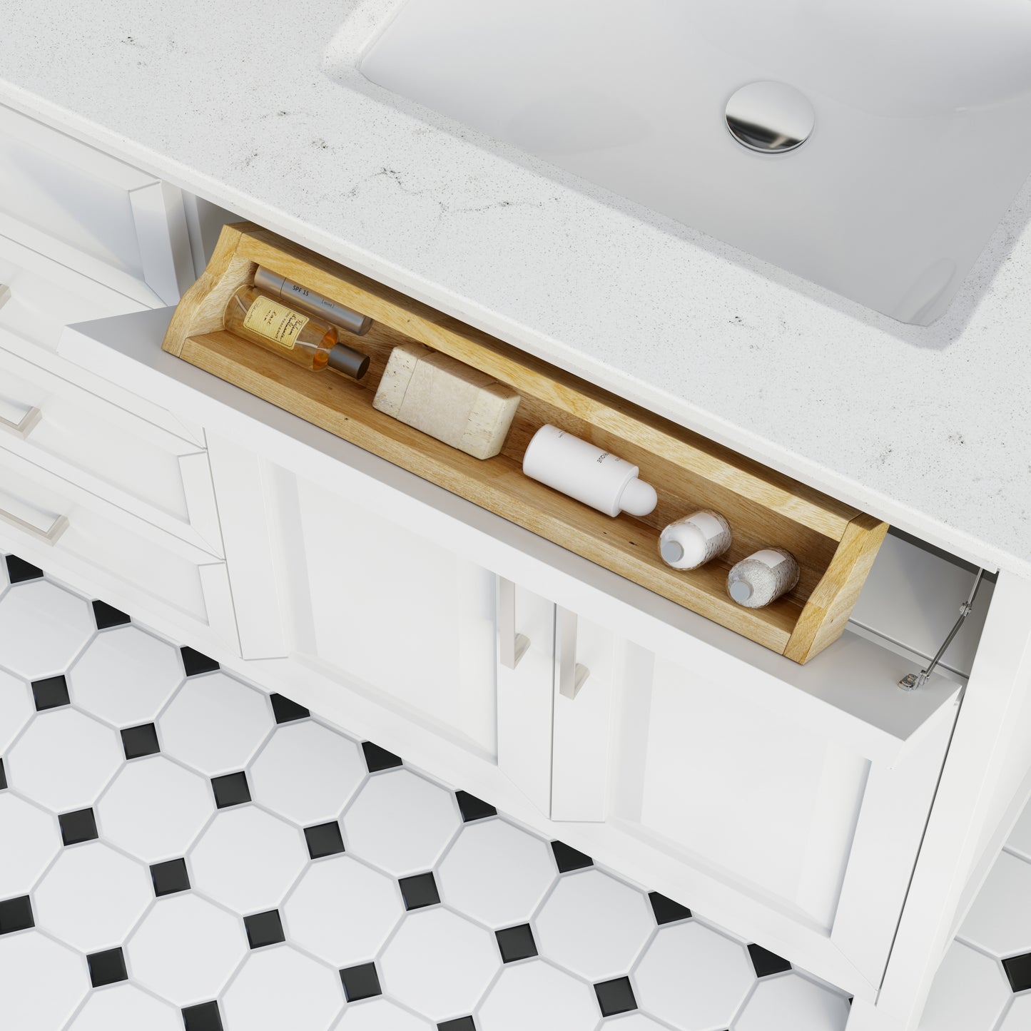 Terrence II Single Sink Bathroom Vanity With Stealth Organizer, Solid Wood Bathroom Cabinet with Engineered Stone Countertop & Backspalsh, Soft Closing Door & Drawer, Pre-Assembled