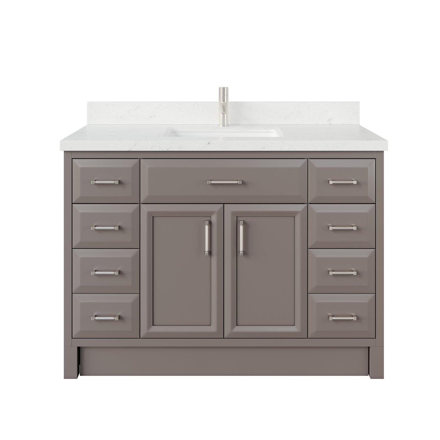 Meuble-lavabo simple Capri III avec organiseur Stealth, armoire de salle de bain en bois massif avec comptoir et dosseret en pierre reconstituée, porte et tiroir à fermeture amortie, pré-assemblé