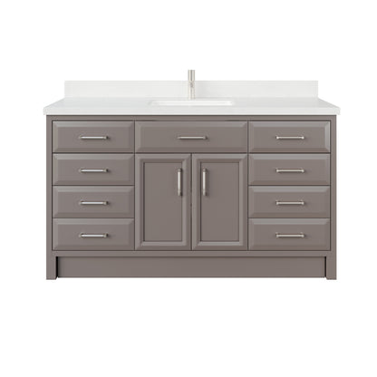 Meuble-lavabo simple Capri III avec organiseur Stealth, armoire de salle de bain en bois massif avec comptoir et dosseret en pierre reconstituée, porte et tiroir à fermeture amortie, pré-assemblé