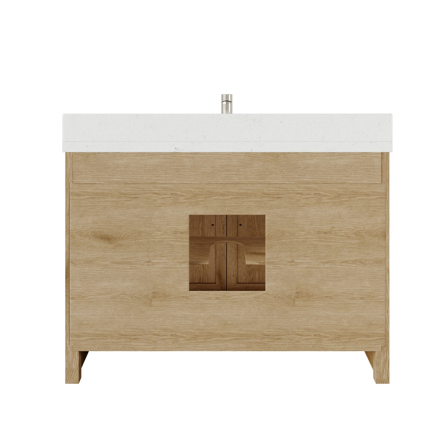 Meuble-lavabo simple Capri III avec organiseur Stealth, armoire de salle de bain en bois massif avec comptoir et dosseret en pierre reconstituée, porte et tiroir à fermeture amortie, pré-assemblé