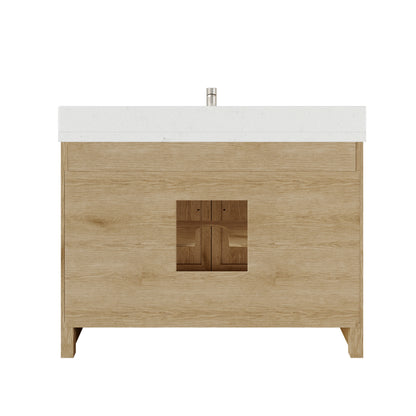 Meuble-lavabo simple Capri III avec organiseur Stealth, armoire de salle de bain en bois massif avec comptoir et dosseret en pierre reconstituée, porte et tiroir à fermeture amortie, pré-assemblé