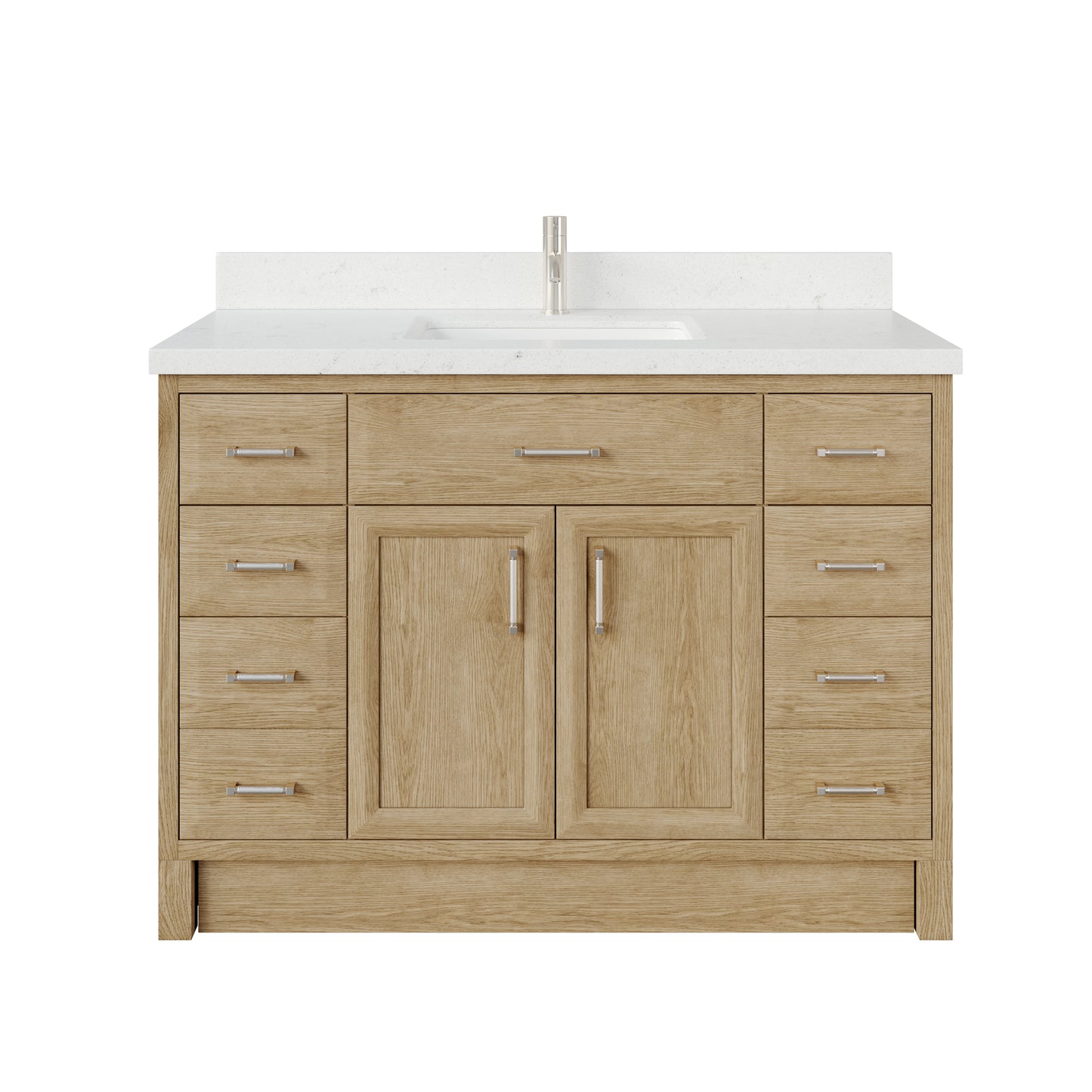 Meuble-lavabo simple Capri III avec organiseur Stealth, armoire de salle de bain en bois massif avec comptoir et dosseret en pierre reconstituée, porte et tiroir à fermeture amortie, pré-assemblé