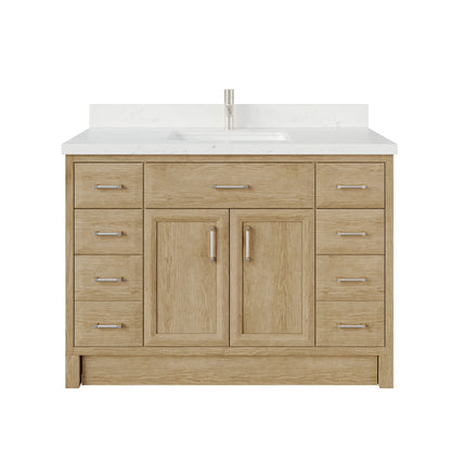 Meuble-lavabo simple Capri III avec organiseur Stealth, armoire de salle de bain en bois massif avec comptoir et dosseret en pierre reconstituée, porte et tiroir à fermeture amortie, pré-assemblé