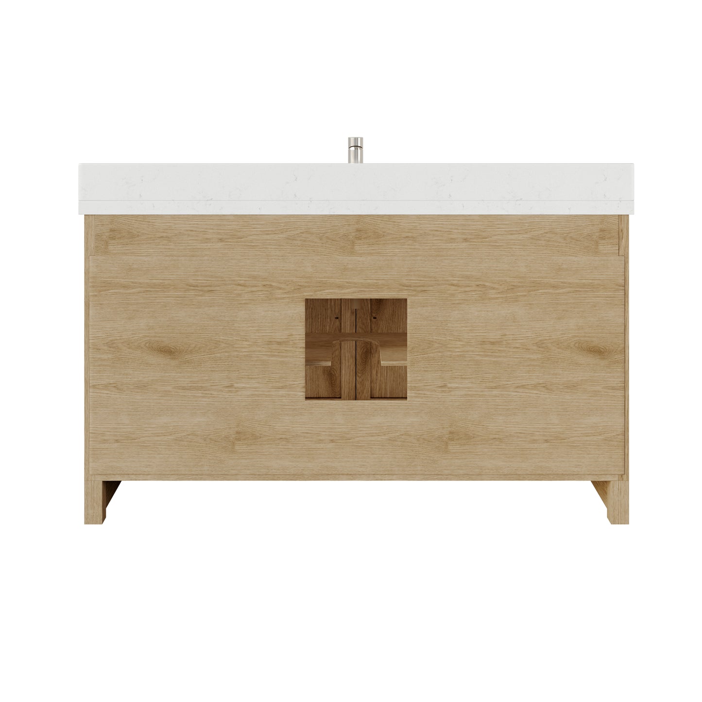Meuble-lavabo simple Capri III avec organiseur Stealth, armoire de salle de bain en bois massif avec comptoir et dosseret en pierre reconstituée, porte et tiroir à fermeture amortie, pré-assemblé