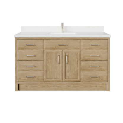 Meuble-lavabo simple Capri III avec organiseur Stealth, armoire de salle de bain en bois massif avec comptoir et dosseret en pierre reconstituée, porte et tiroir à fermeture amortie, pré-assemblé