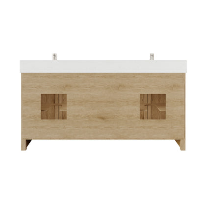 Meuble-lavabo simple Capri III avec organiseur Stealth, armoire de salle de bain en bois massif avec comptoir et dosseret en pierre reconstituée, porte et tiroir à fermeture amortie, pré-assemblé
