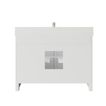 Meuble-lavabo simple Capri III avec organiseur Stealth, armoire de salle de bain en bois massif avec comptoir et dosseret en pierre reconstituée, porte et tiroir à fermeture amortie, pré-assemblé