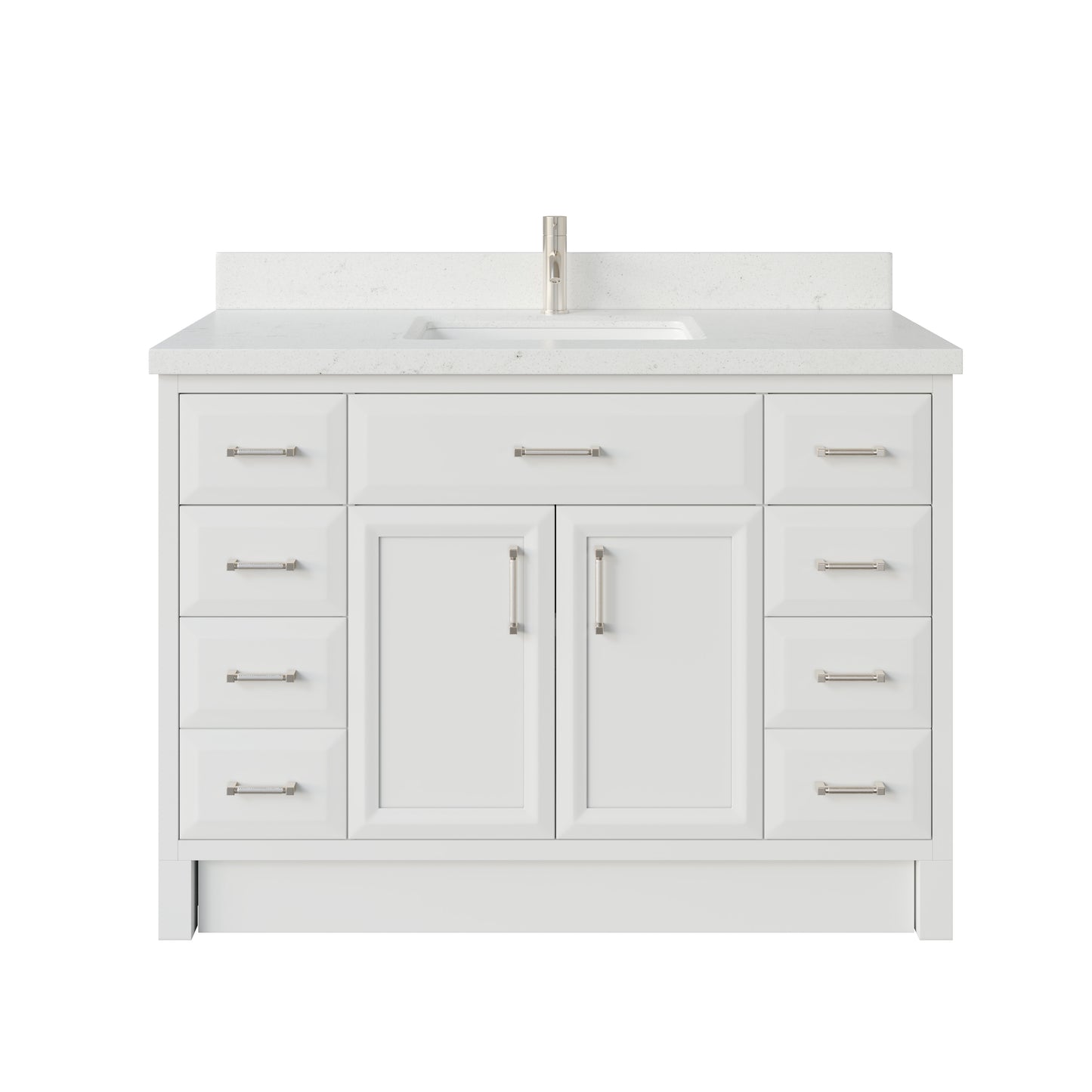 Meuble-lavabo simple Capri III avec organiseur Stealth, armoire de salle de bain en bois massif avec comptoir et dosseret en pierre reconstituée, porte et tiroir à fermeture amortie, pré-assemblé