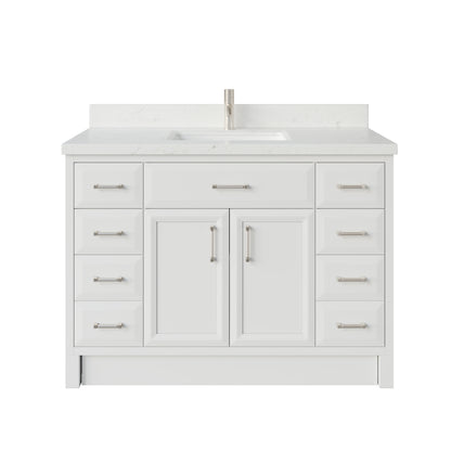 Meuble-lavabo simple Capri III avec organiseur Stealth, armoire de salle de bain en bois massif avec comptoir et dosseret en pierre reconstituée, porte et tiroir à fermeture amortie, pré-assemblé