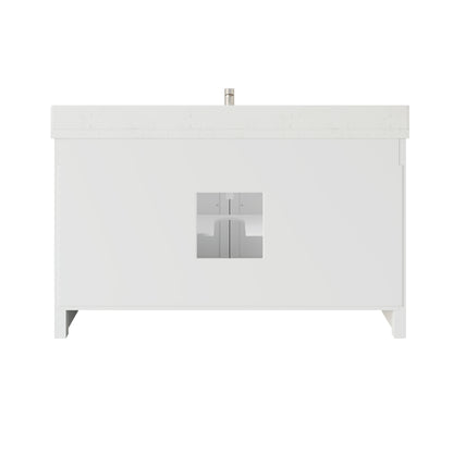 Meuble-lavabo simple Capri III avec organiseur Stealth, armoire de salle de bain en bois massif avec comptoir et dosseret en pierre reconstituée, porte et tiroir à fermeture amortie, pré-assemblé