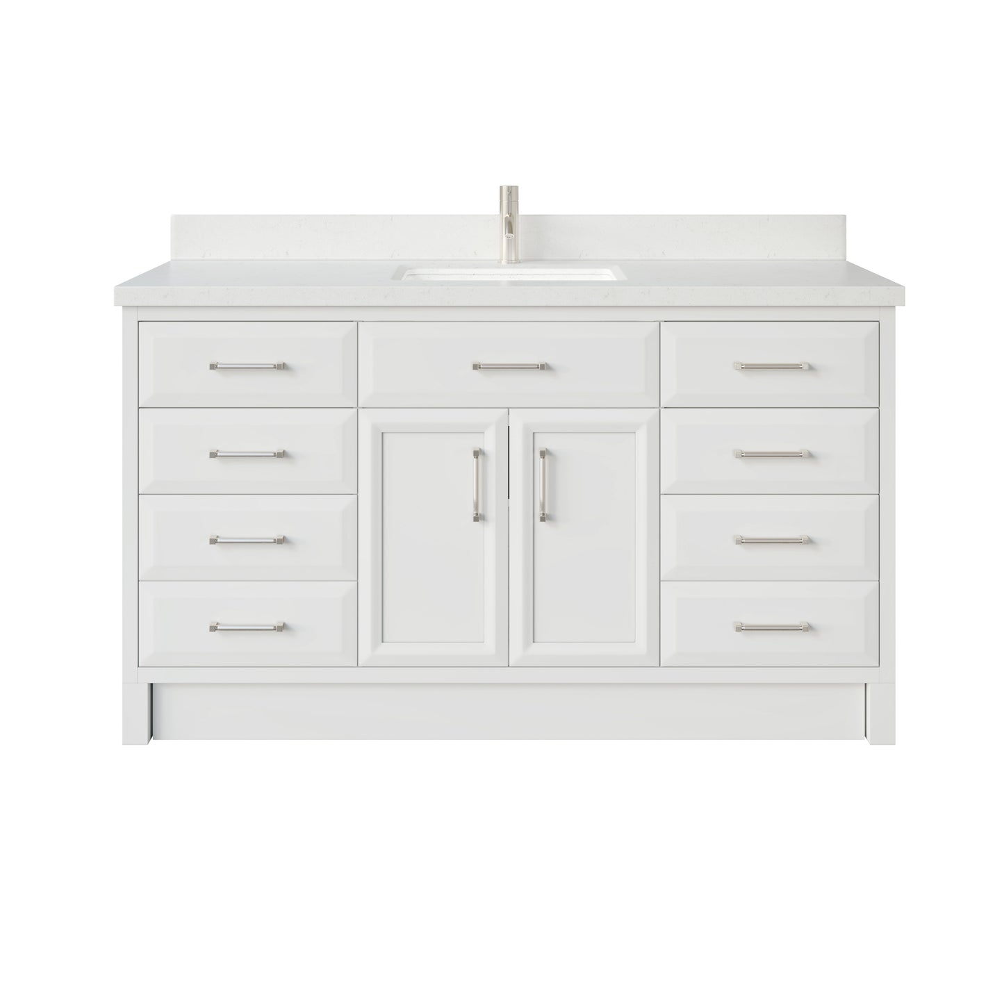 Meuble-lavabo simple Capri III avec organiseur Stealth, armoire de salle de bain en bois massif avec comptoir et dosseret en pierre reconstituée, porte et tiroir à fermeture amortie, pré-assemblé