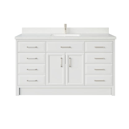 Meuble-lavabo simple Capri III avec organiseur Stealth, armoire de salle de bain en bois massif avec comptoir et dosseret en pierre reconstituée, porte et tiroir à fermeture amortie, pré-assemblé