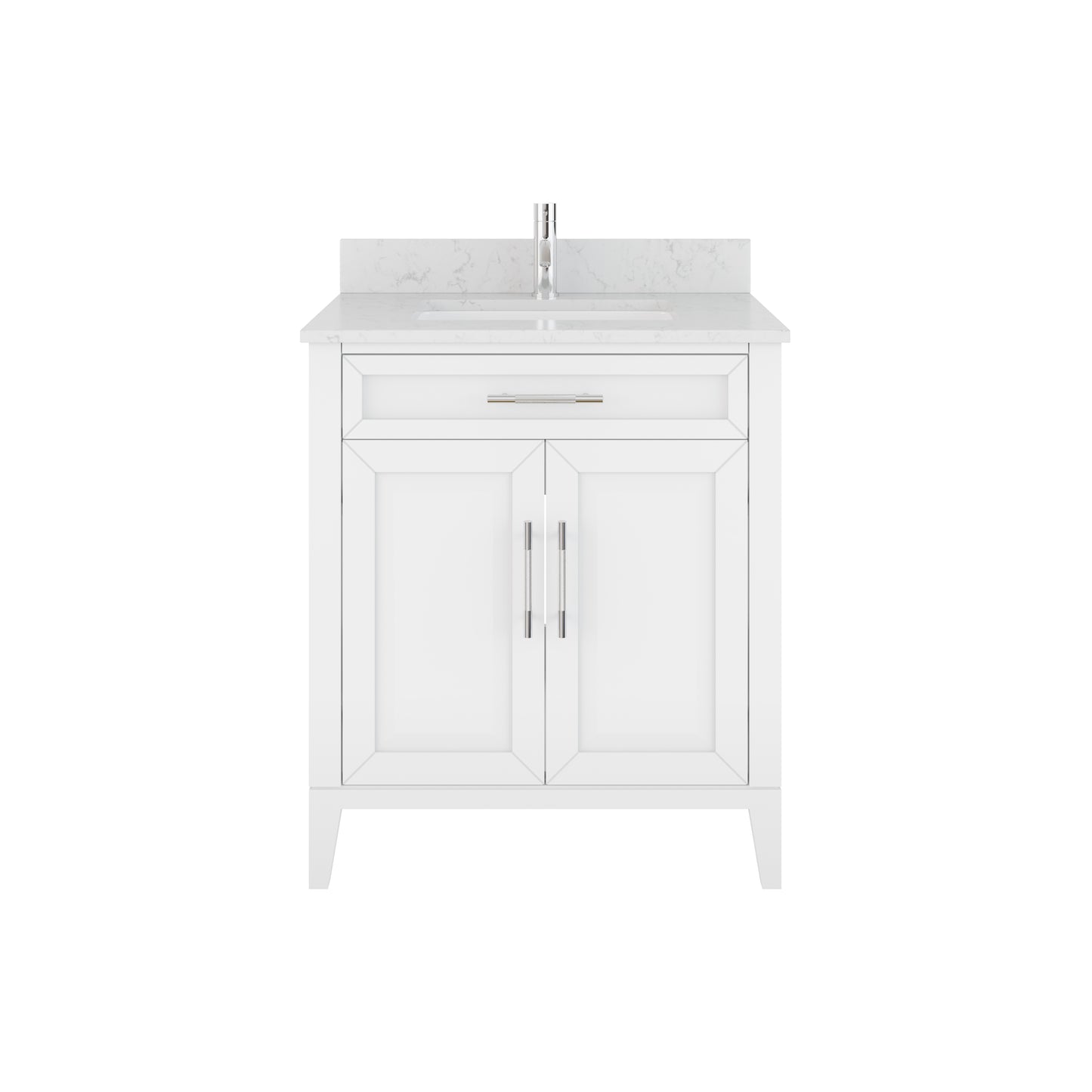 Meuble-lavabo Vance avec multiprise et ports USB, armoire en bois massif, comptoir en quartz Diamond, tiroirs et portes à fermeture amortie, évier en céramique sous plan, préassemblé