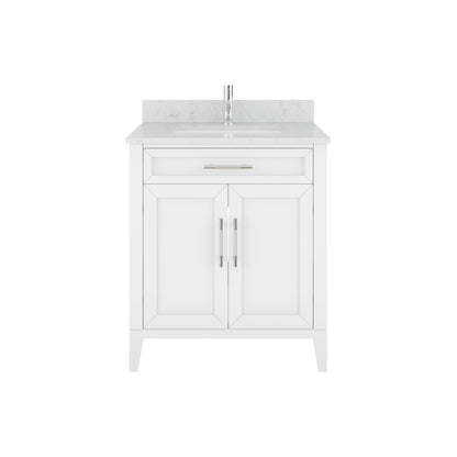 Meuble-lavabo Vance avec multiprise et ports USB, armoire en bois massif, comptoir en quartz Diamond, tiroirs et portes à fermeture amortie, évier en céramique sous plan, préassemblé