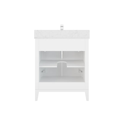 Meuble-lavabo Vance avec multiprise et ports USB, armoire en bois massif, comptoir en quartz Diamond, tiroirs et portes à fermeture amortie, évier en céramique sous plan, préassemblé