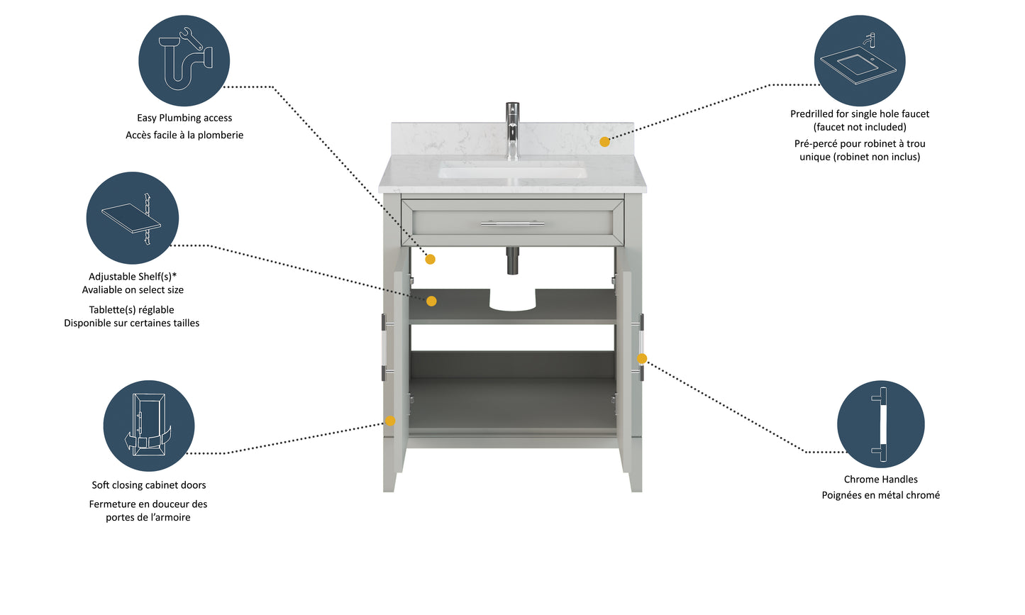 Meuble-lavabo Vance avec multiprise et ports USB, armoire en bois massif, comptoir en quartz Diamond, tiroirs et portes à fermeture amortie, évier en céramique sous plan, préassemblé