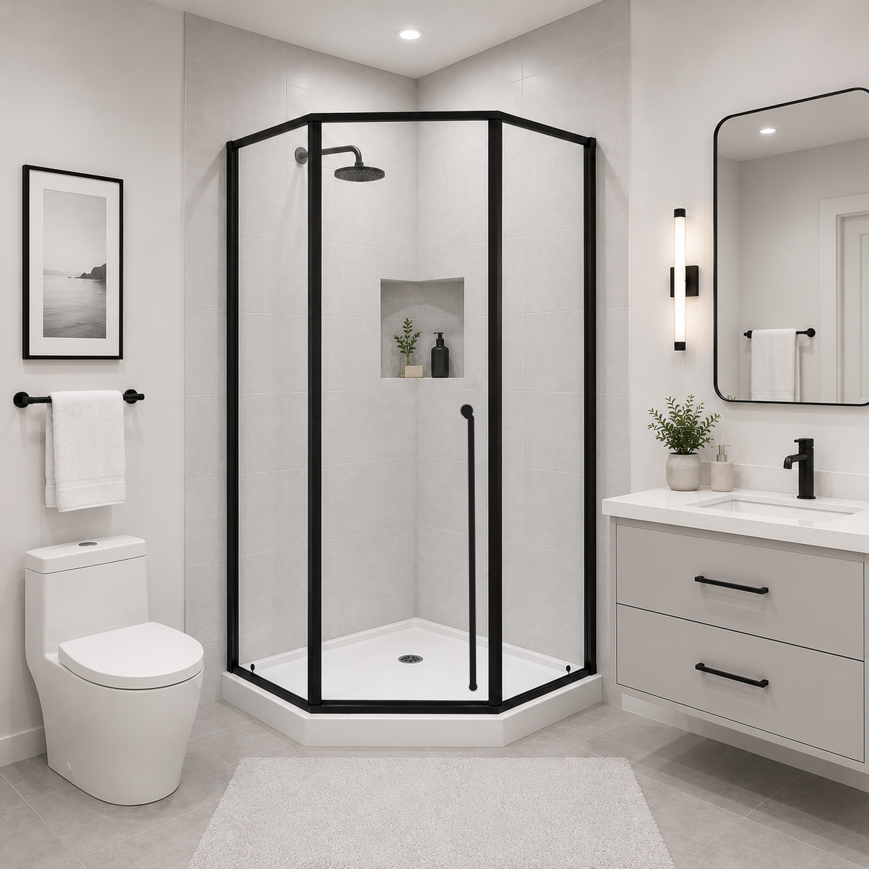 Elara (UAA-331) Framed Neo-Angle Diamond Corner Shower Enclosure, 8mm Tempered Glass, Left or Right Opening Option, 38" X 38" X 71"