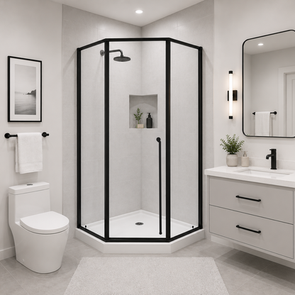Elara (UAA-331) Framed Neo-Angle Diamond Corner Shower Enclosure, 8mm Tempered Glass, Left or Right Opening Option, 38" X 38" X 71"