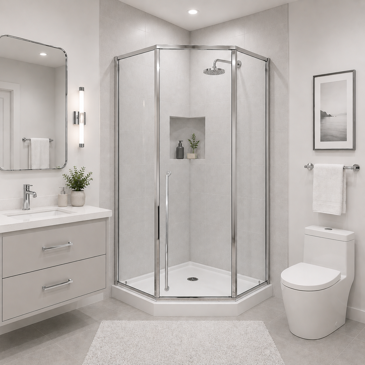 Elara (UAA-331) Framed Neo-Angle Diamond Corner Shower Enclosure, 8mm Tempered Glass, Left or Right Opening Option, 38" X 38" X 71"