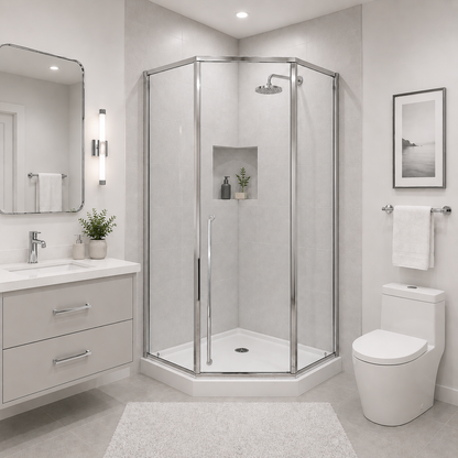 Elara (UAA-331) Framed Neo-Angle Diamond Corner Shower Enclosure, 8mm Tempered Glass, Left or Right Opening Option, 38" X 38" X 71"