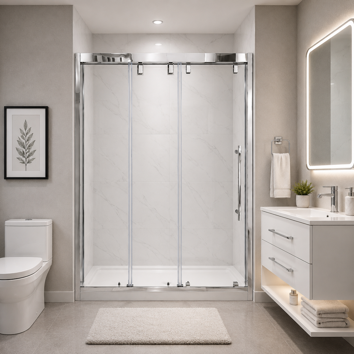 Aureon (VJA-632) 60X76 Framed Triple Sliding Shower Door, 8mm Tempered Glass, Chrome