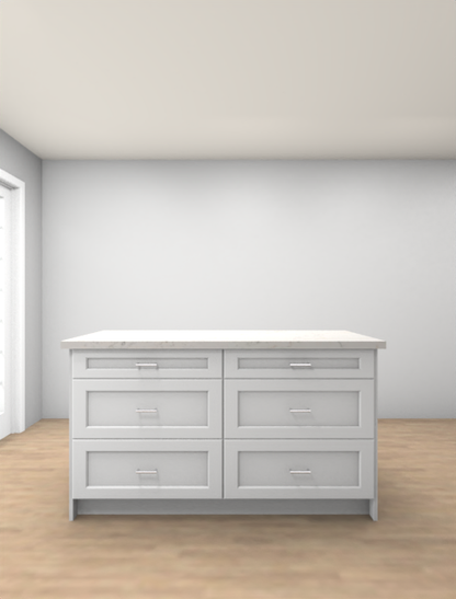 Studio Kitchen 60" Kitchen Island with 6 Drawers, White Countertop & Shaker Style Design, Freestanding Kitchen Storage Island Cabinet, Available in Shaker White or Wood Grey