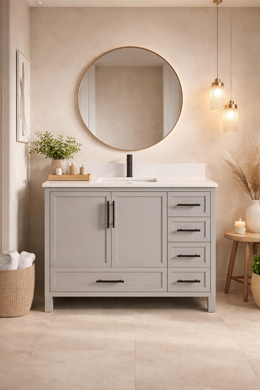 Terrence II Single Sink Bathroom Vanity With Stealth Organizer, Solid Wood Bathroom Cabinet with Engineered Stone Countertop & Backspalsh, Soft Closing Door & Drawer, Pre-Assembled