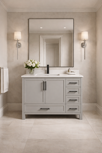 Terrence II Single Sink Bathroom Vanity With Stealth Organizer, Solid Wood Bathroom Cabinet with Engineered Stone Countertop & Backspalsh, Soft Closing Door & Drawer, Pre-Assembled