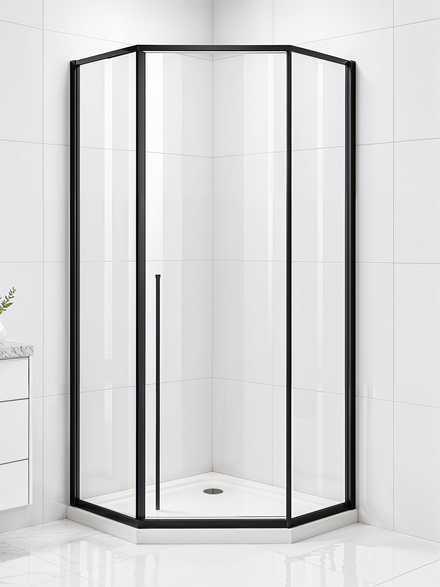 Elara (UAA-331) Framed Neo-Angle Diamond Corner Shower Enclosure, 8mm Tempered Glass, Left or Right Opening Option, 38" X 38" X 71"