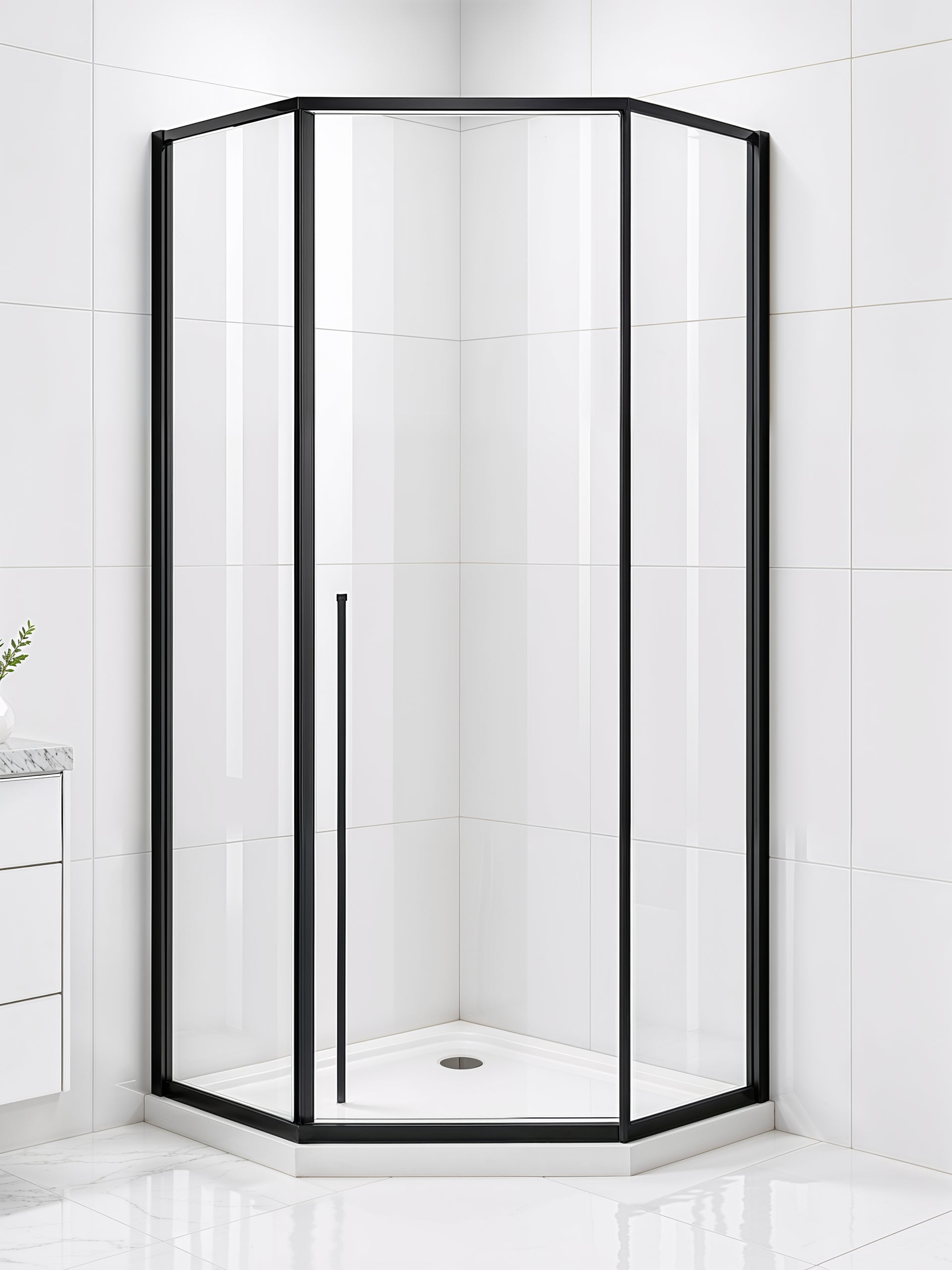 Elara (UAA-331) Framed Neo-Angle Diamond Corner Shower Enclosure, 8mm Tempered Glass, Left or Right Opening Option, 38" X 38" X 71"