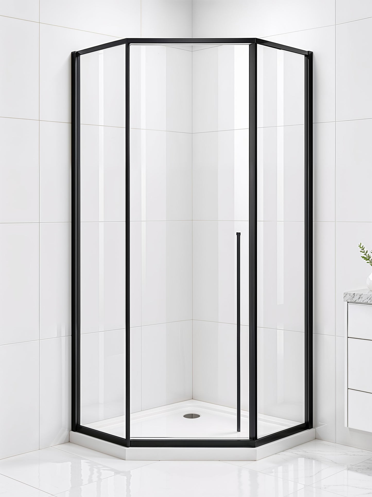 Elara (UAA-331) Framed Neo-Angle Diamond Corner Shower Enclosure, 8mm Tempered Glass, Left or Right Opening Option, 38" X 38" X 71"