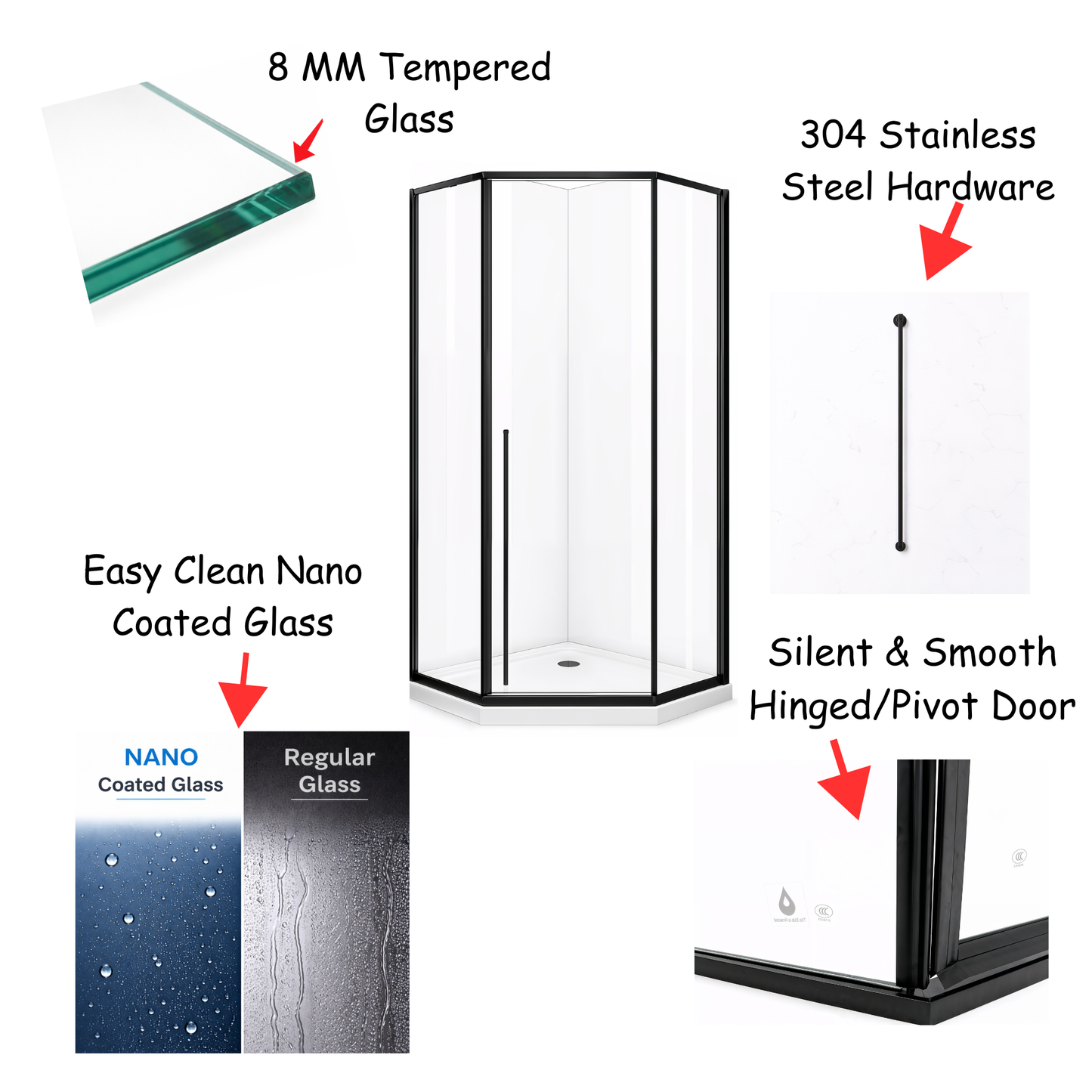 Elara (UAA-331) Framed Neo-Angle Diamond Corner Shower Enclosure, 8mm Tempered Glass, Left or Right Opening Option, 38" X 38" X 71"