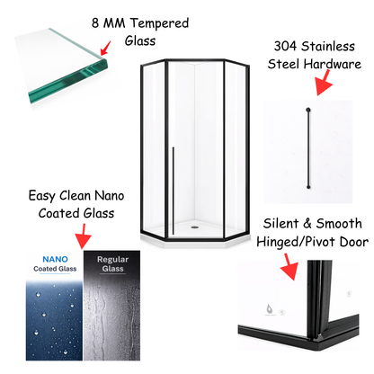 Elara (UAA-331) Framed Neo-Angle Diamond Corner Shower Enclosure, 8mm Tempered Glass, Left or Right Opening Option, 38" X 38" X 71"