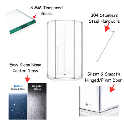 Elara (UAA-331) Framed Neo-Angle Diamond Corner Shower Enclosure, 8mm Tempered Glass, Left or Right Opening Option, 38" X 38" X 71"