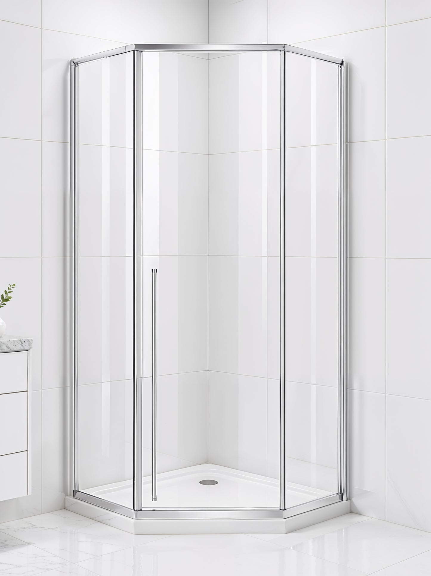 Elara (UAA-331) Framed Neo-Angle Diamond Corner Shower Enclosure, 8mm Tempered Glass, Left or Right Opening Option, 38" X 38" X 71"
