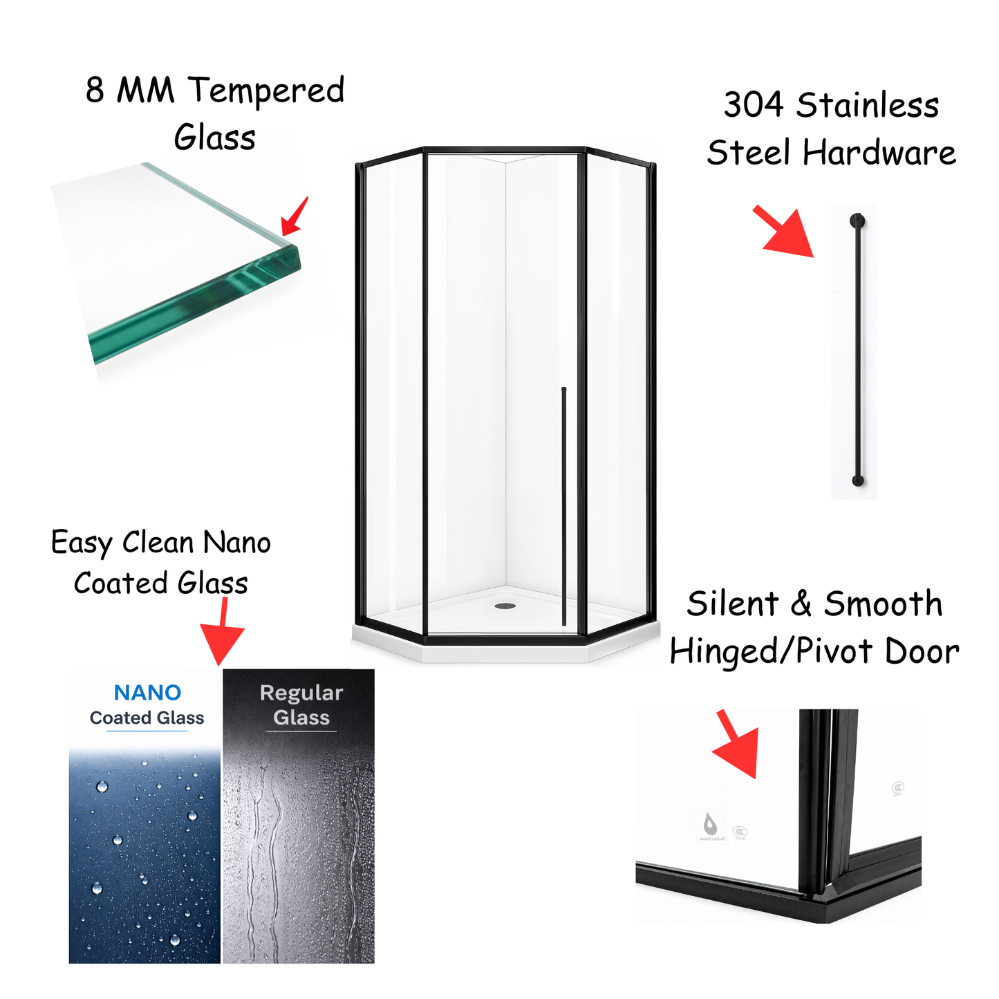 Elara (UAA-331) Framed Neo-Angle Diamond Corner Shower Enclosure, 8mm Tempered Glass, Left or Right Opening Option, 38" X 38" X 71"