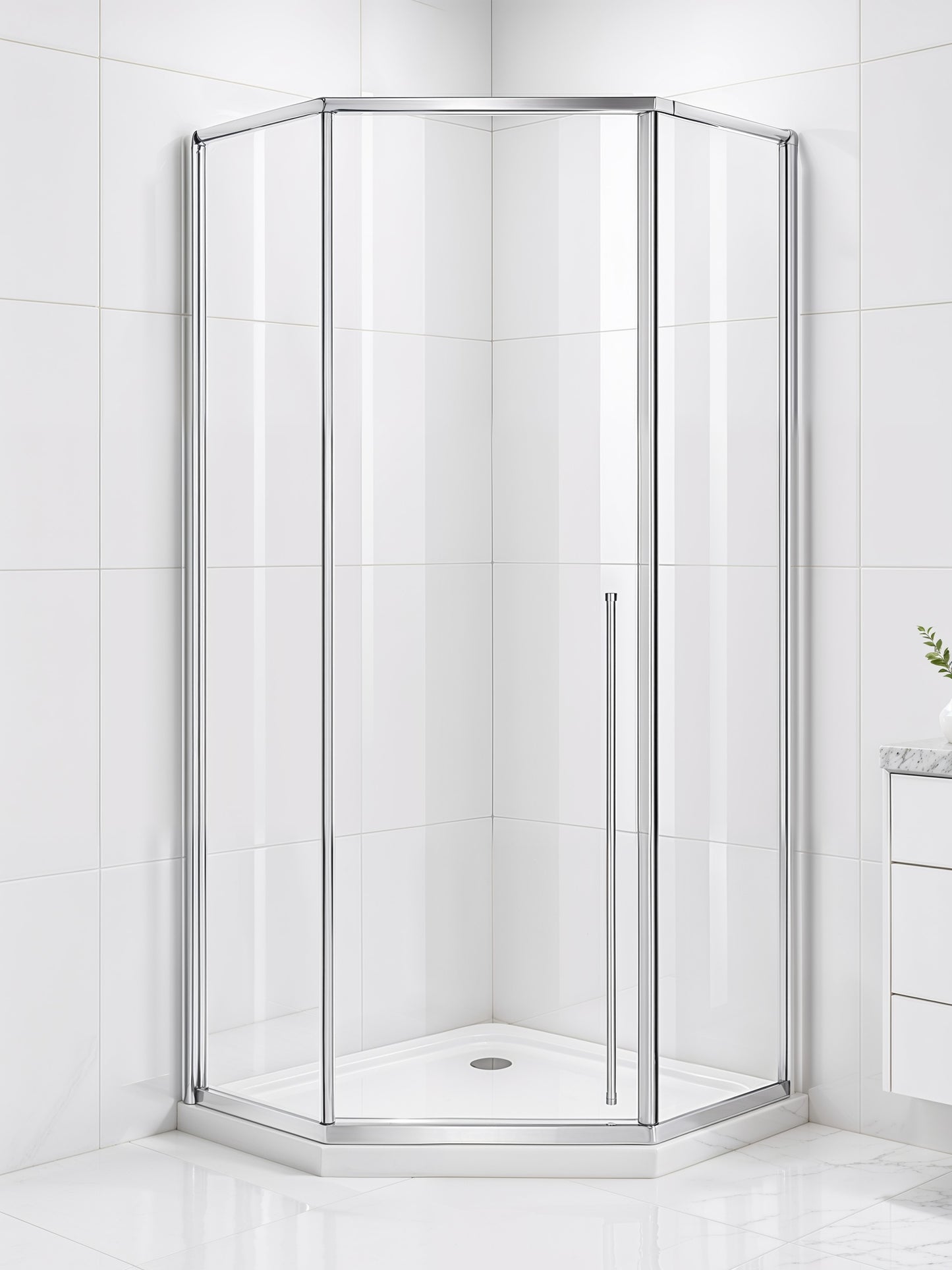 Elara (UAA-331) Framed Neo-Angle Diamond Corner Shower Enclosure, 8mm Tempered Glass, Left or Right Opening Option, 38" X 38" X 71"