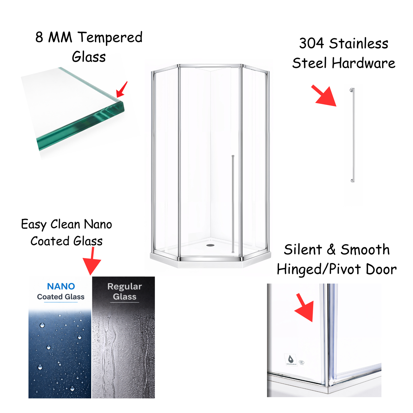Elara (UAA-331) Framed Neo-Angle Diamond Corner Shower Enclosure, 8mm Tempered Glass, Left or Right Opening Option, 38" X 38" X 71"