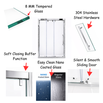 Aureon (VJA-632) 60X76 Framed Triple Sliding Shower Door, 8mm Tempered Glass, Chrome