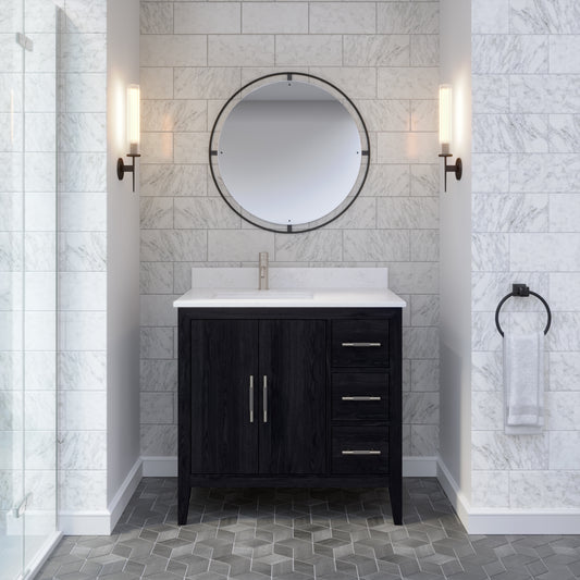 Vance Bathroom Vanity with Power Bar & USB, Solid Wood Cabinet, Diamond Quartz Countertop, Soft-Close Drawers & Doors, Undermount Ceramic Sink, Pre-Assembled