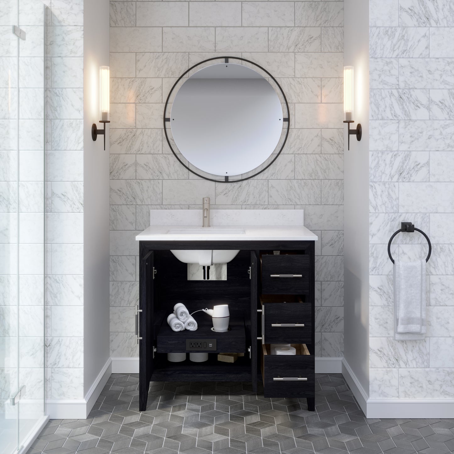 Meuble-lavabo Vance avec multiprise et ports USB, armoire en bois massif, comptoir en quartz Diamond, tiroirs et portes à fermeture amortie, évier en céramique sous plan, préassemblé