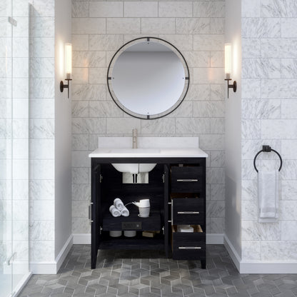 Meuble-lavabo Vance avec multiprise et ports USB, armoire en bois massif, comptoir en quartz Diamond, tiroirs et portes à fermeture amortie, évier en céramique sous plan, préassemblé