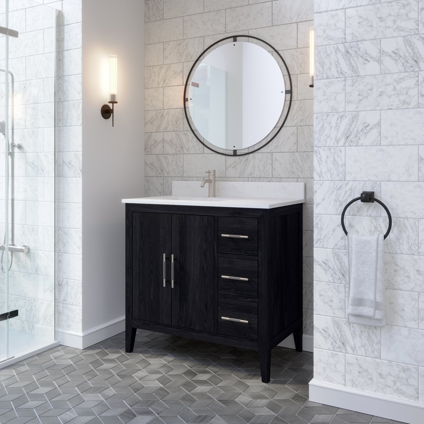 Meuble-lavabo Vance avec multiprise et ports USB, armoire en bois massif, comptoir en quartz Diamond, tiroirs et portes à fermeture amortie, évier en céramique sous plan, préassemblé