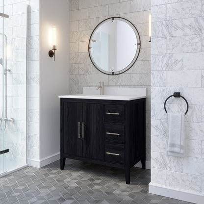 Meuble-lavabo Vance avec multiprise et ports USB, armoire en bois massif, comptoir en quartz Diamond, tiroirs et portes à fermeture amortie, évier en céramique sous plan, préassemblé